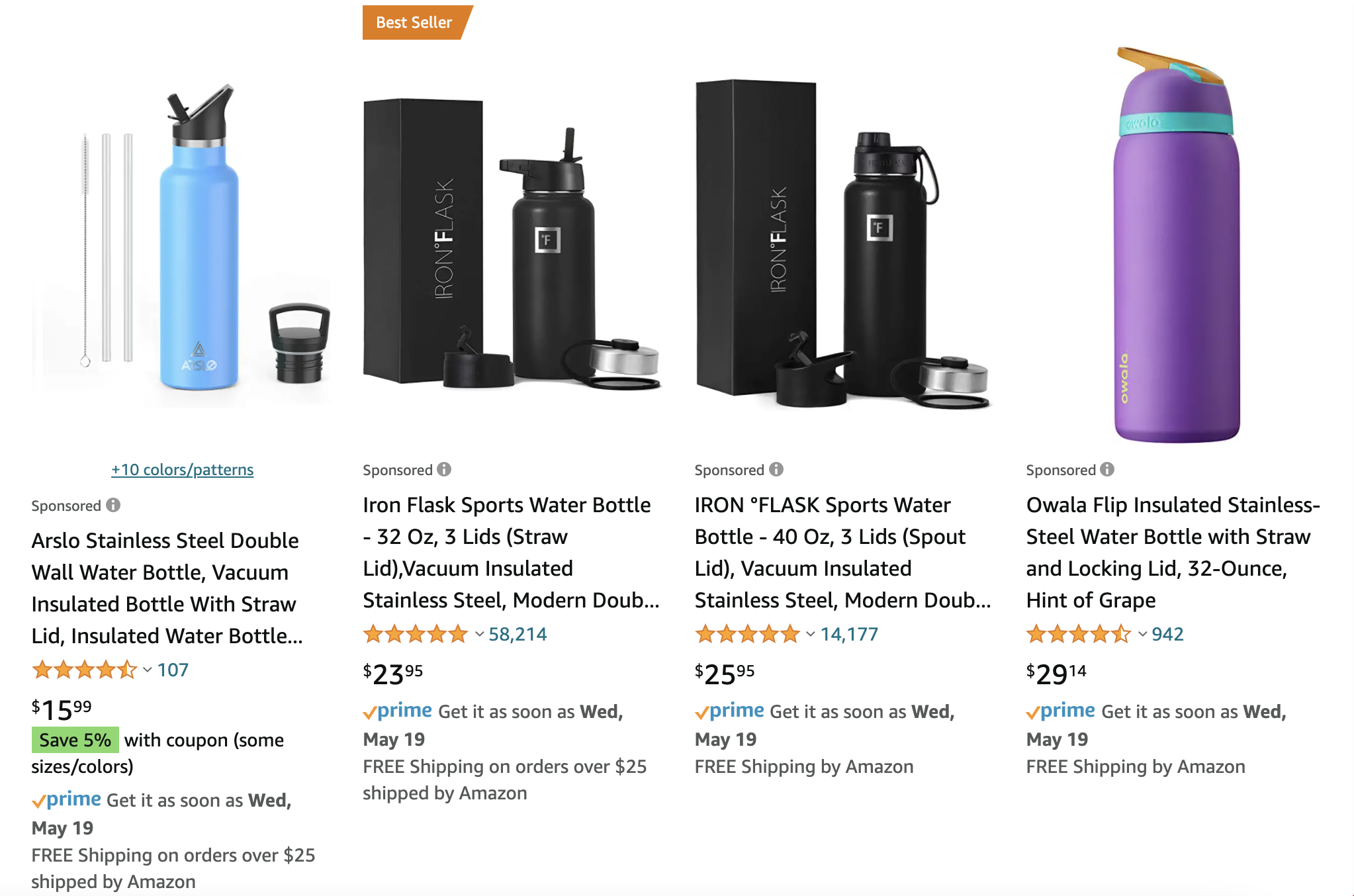 Amazon PPC ads: example of Amazon sponsored listings for insulated water bottles