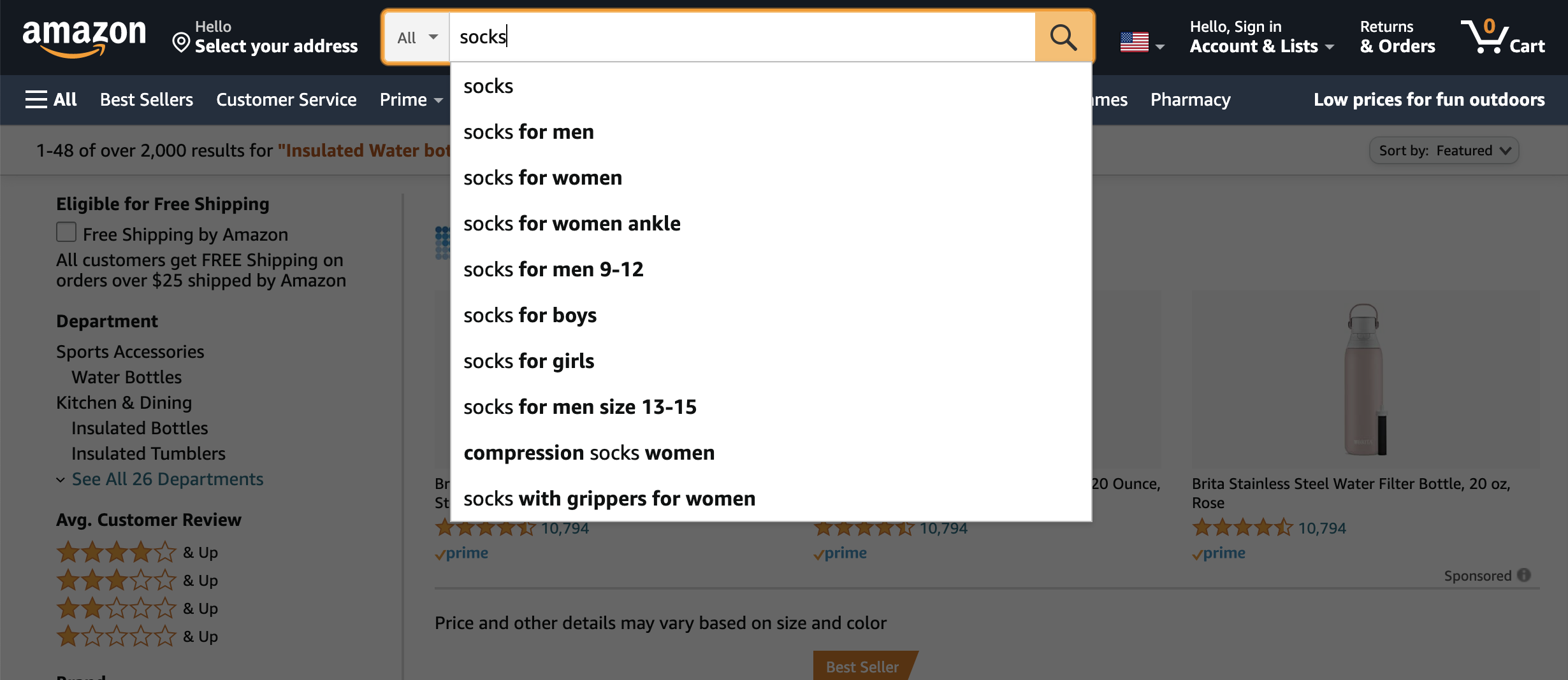 Amazon PPC ads: example of search results for socks on Amazon