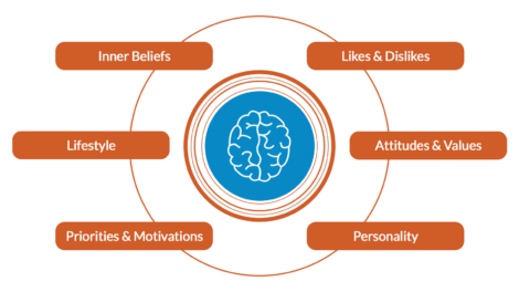 a 6 trait breakdown diagram in orange that explains what psychographic segmentation is and the understanding behind it. THere's a brain in the middle of the diagram