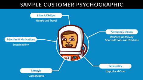 A little cartoon with 5 specific traits that are under the umbrella of a psychographic profile. This is a sample customer psychographic.