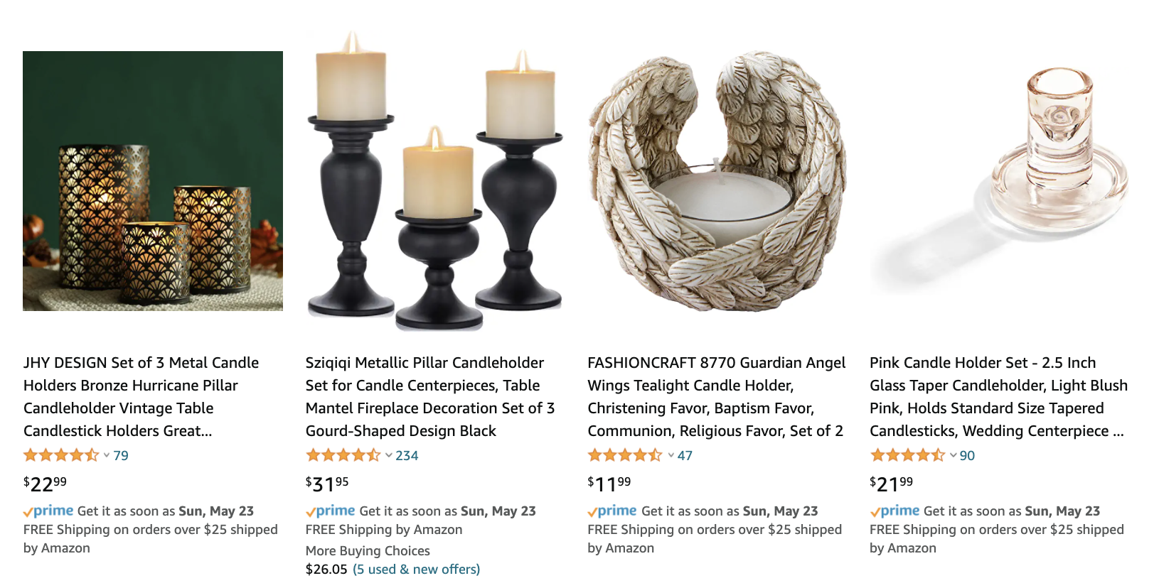 Amazon FBA product sourcing: listings for candles and candle holders