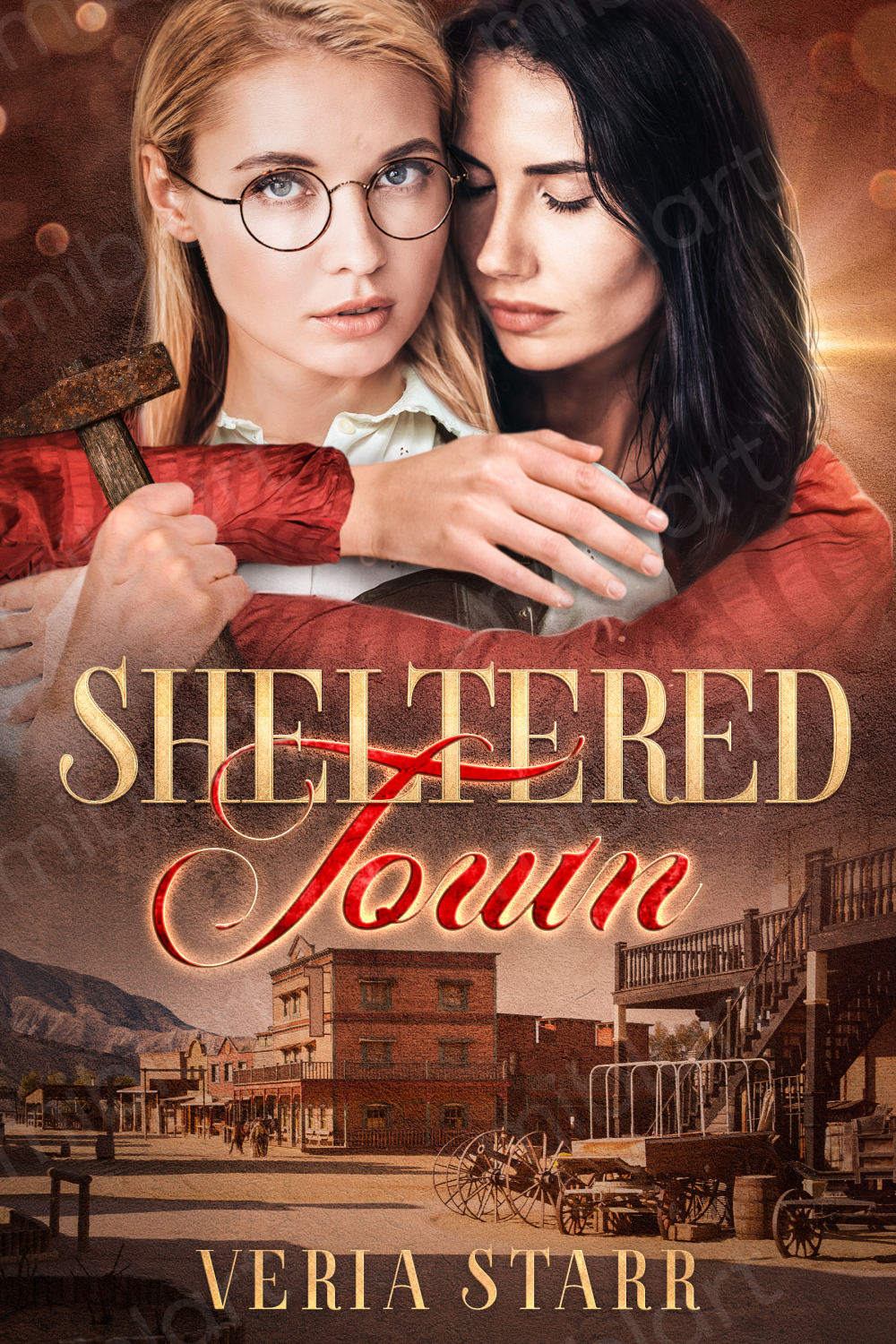 A book cover with a brunette woman holding a blond woman whose chin is tilted downward.