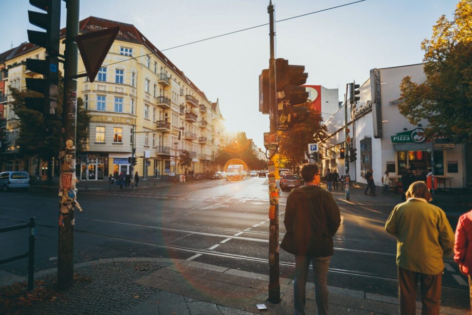 An image of people walking on a street in Berlin, Germany. 