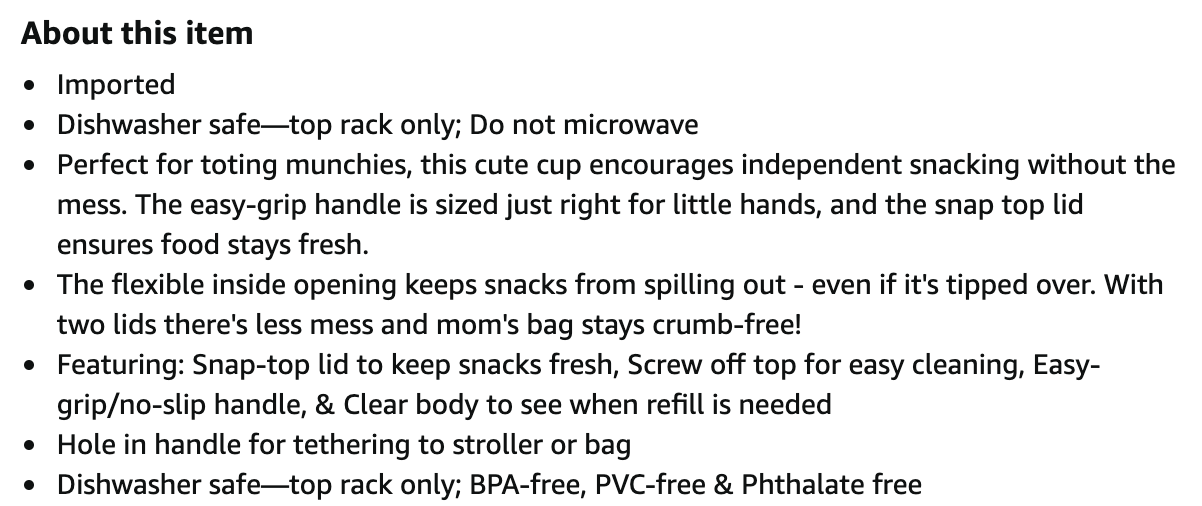 screenshot of product description for Skip Hop snack cup