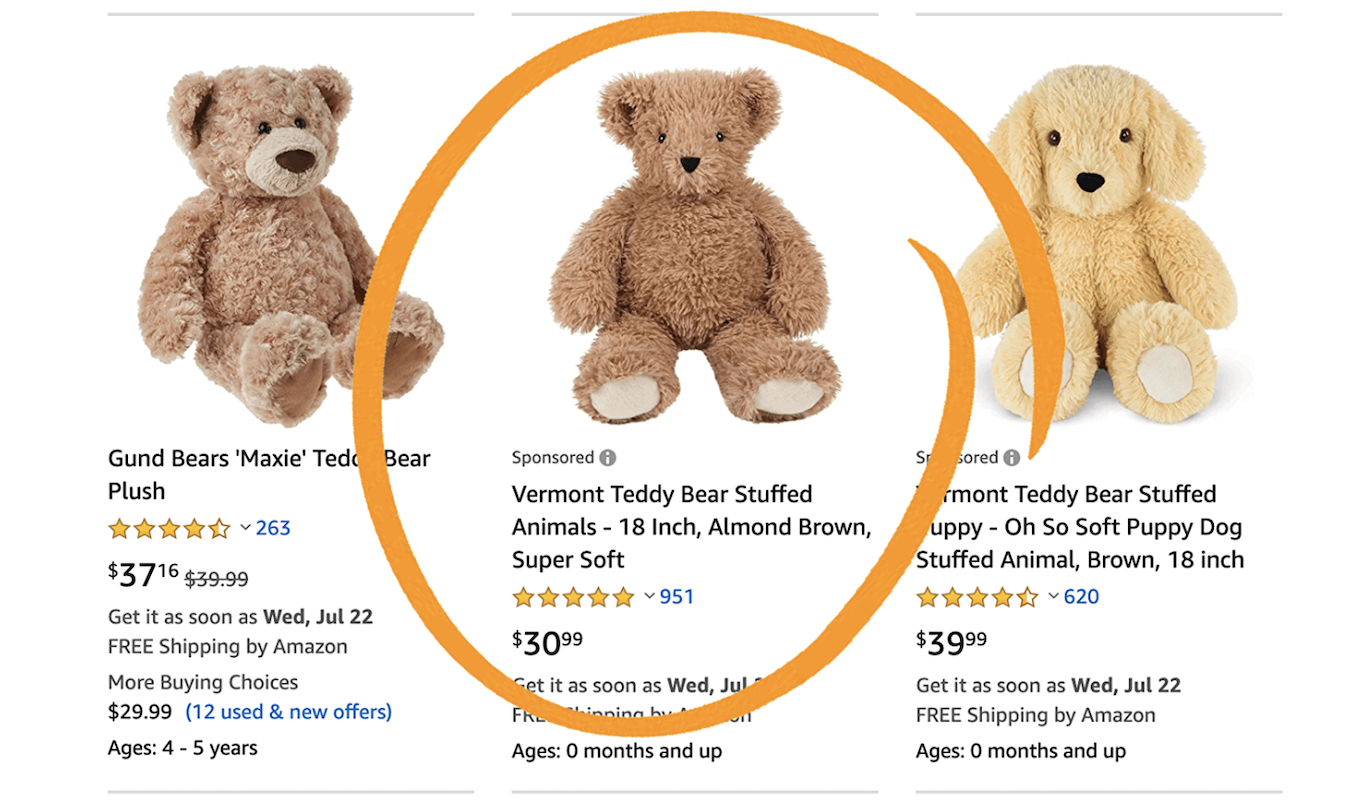 Screenshot of an Amazon Sponsored Ad for a teddy bear brand