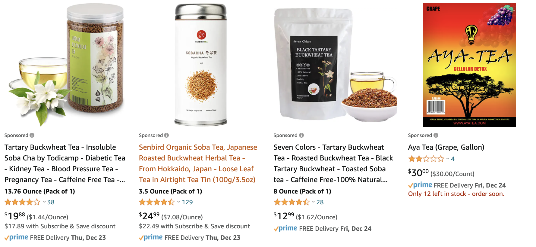 Amazon search results page for soba tea