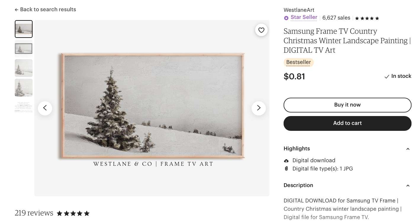An Etsy listing showing a Samsung Frame with an evergreen tree and snowy landscape.
