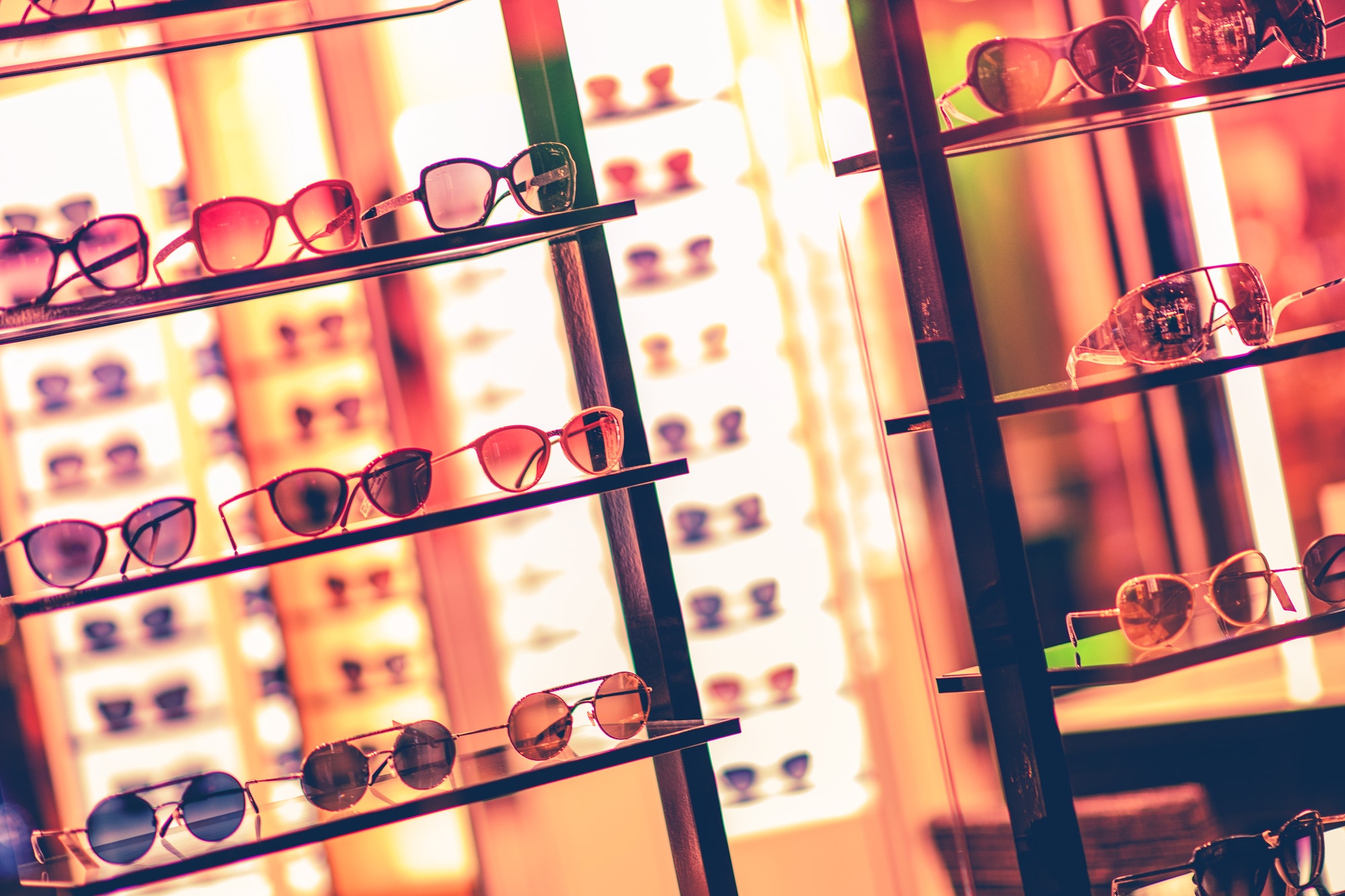 Online shopping trends: sunglasses dispay in a store