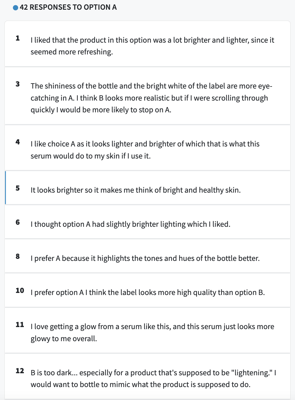 Screenshot of comments from PickFu poll for facial serum