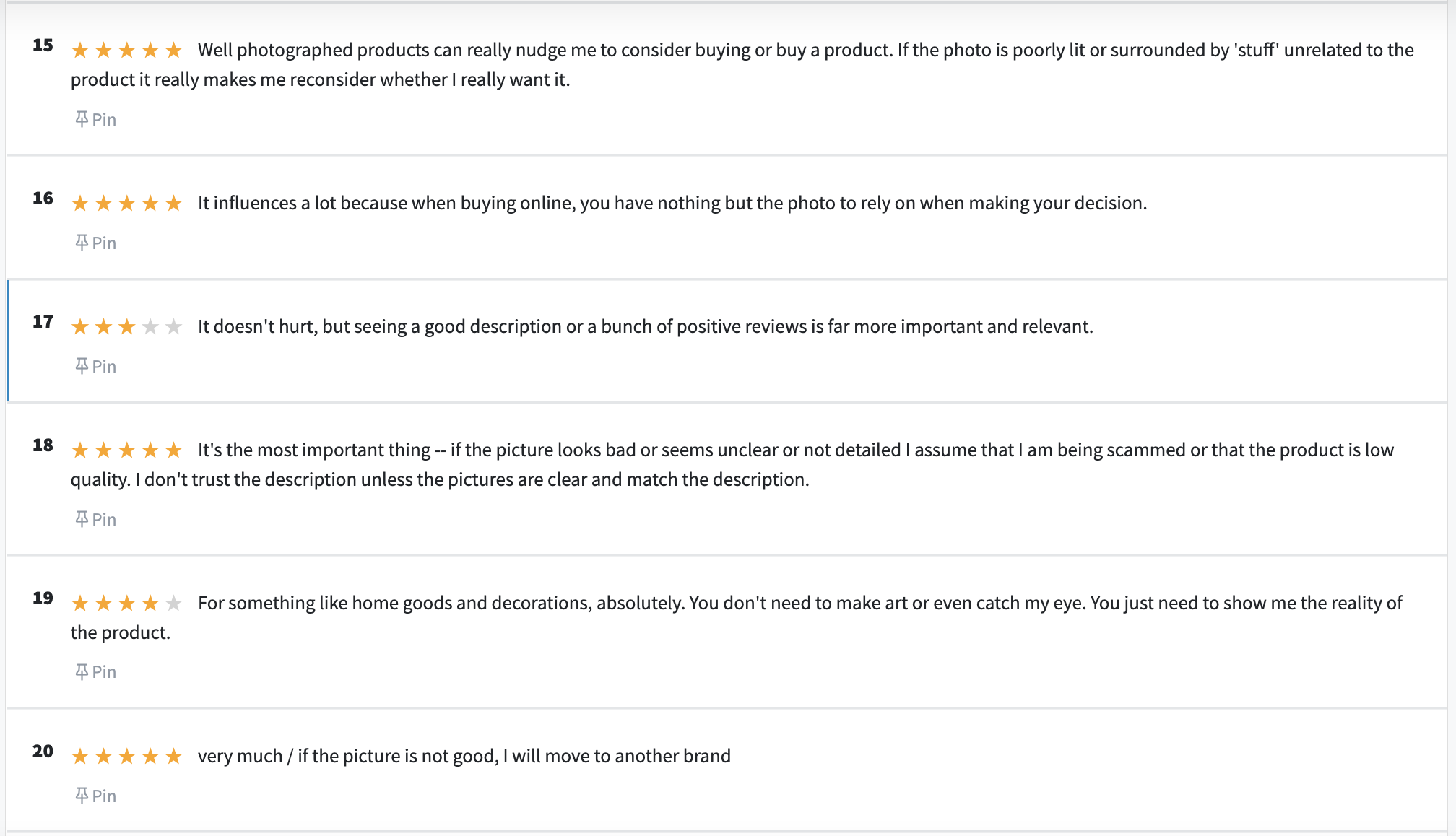 Screenshot of comments from a PickFu poll about product photos