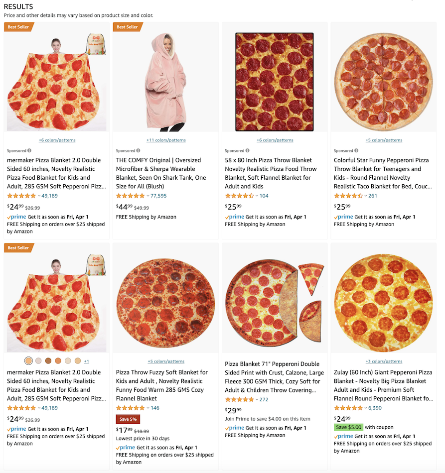 Screenshot of thumbnail images on Amazon for a pizza blanket