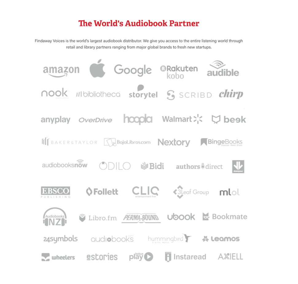 Logos for audiobook retailers and library partners that Findaway Voices distributes to.