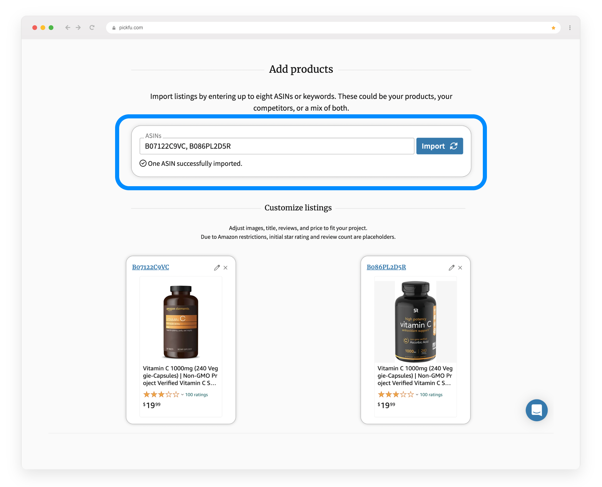 Screenshot of "Add products" field of PickFu Amazon mockup generator 