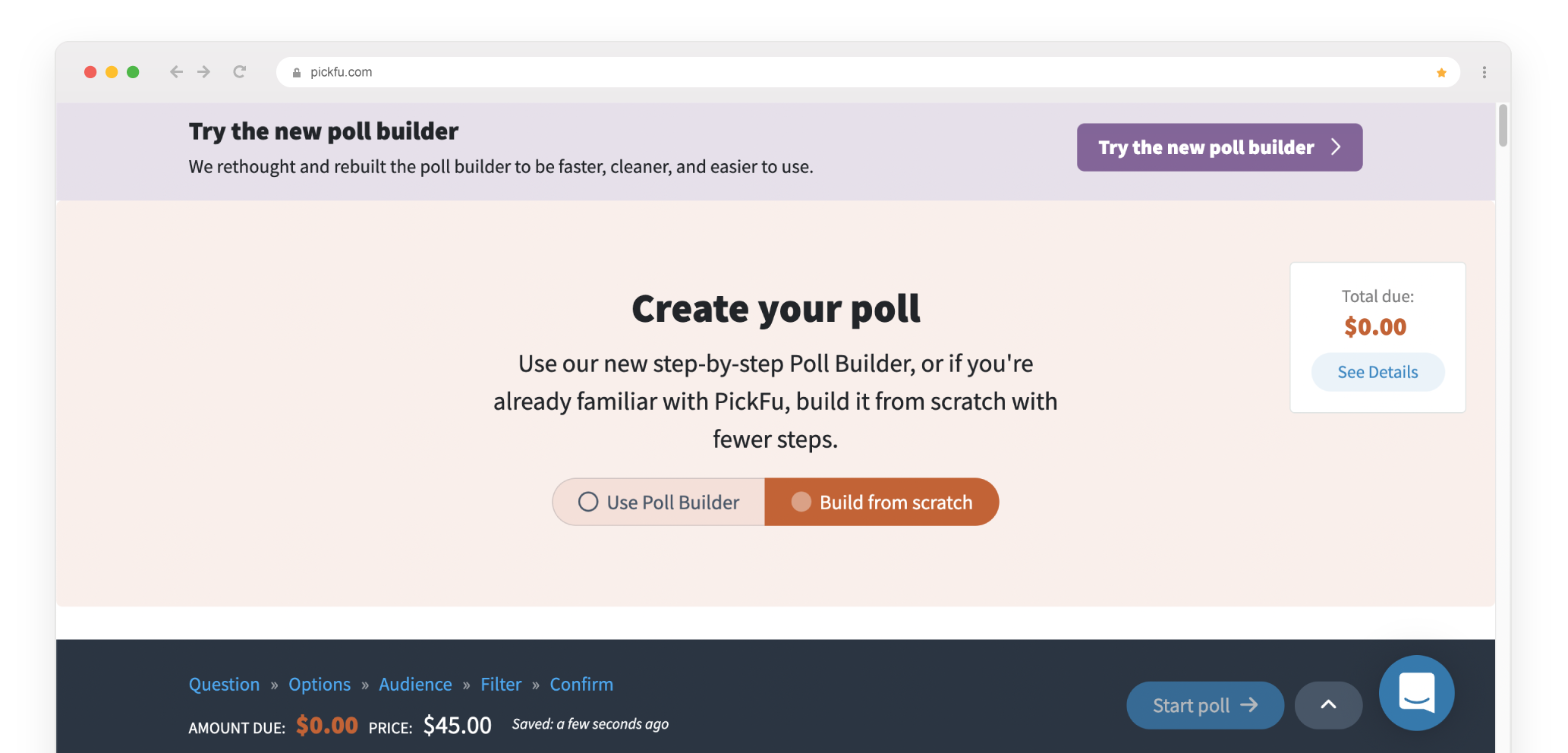 Screenshot of the new Poll Builder option on the "Create your poll" screen 