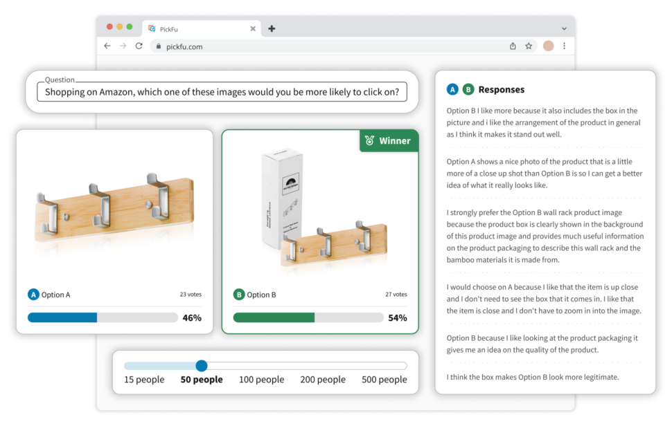 PickFu poll results for an Amazon main image optimization test